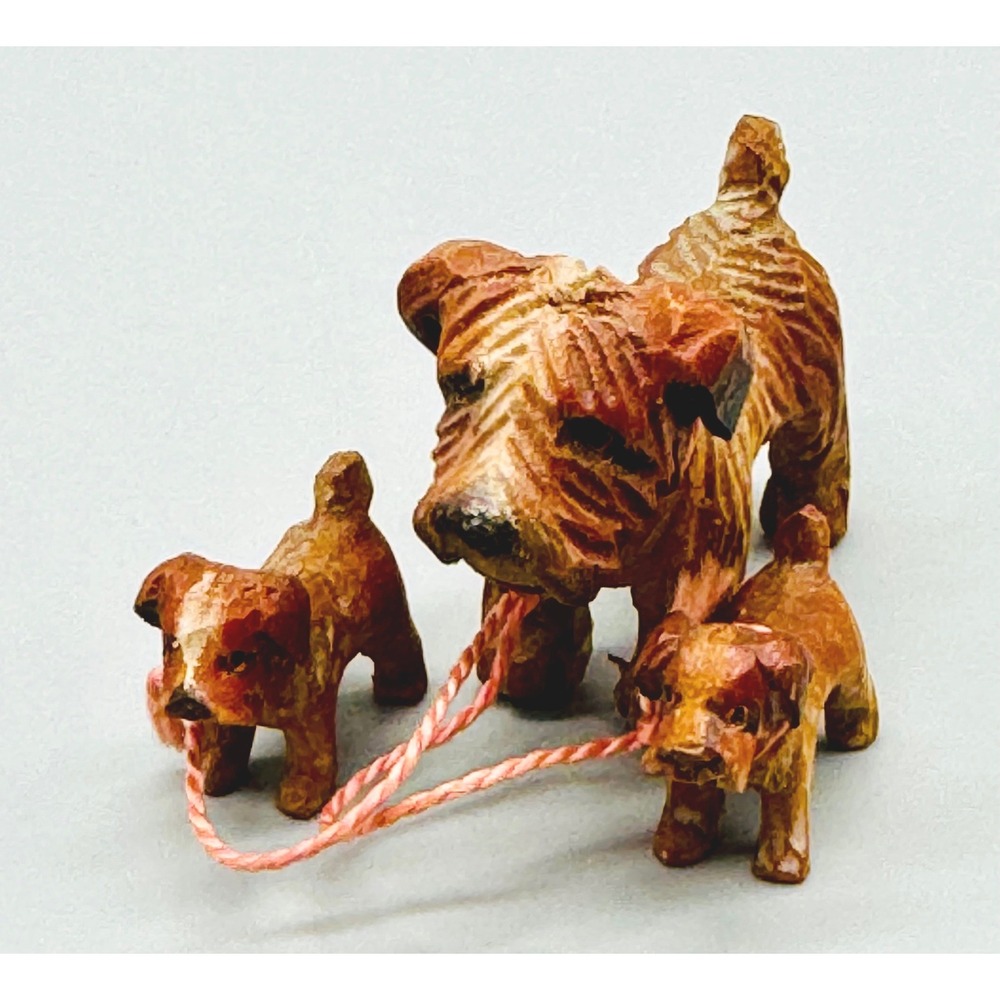 Hand Carved Wood‎ Terrier Mother and Puppies Leash Dog Figurine Brown